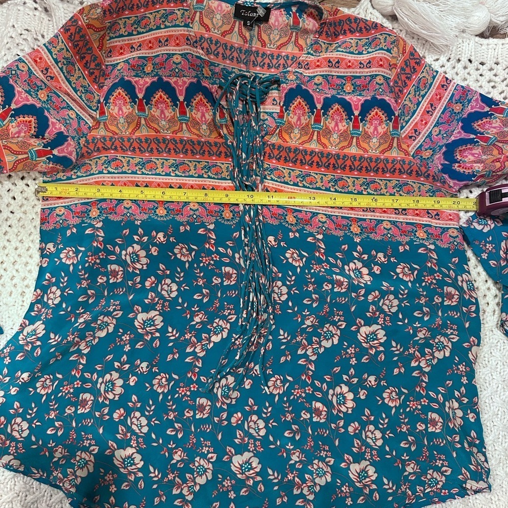 Tolani small Floral Bohemian Women's Top - Blue and Pink asymmetrical silk - Picture 6 of 11